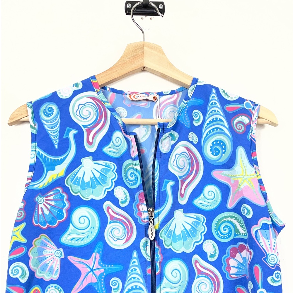 Women's L Blue Seashell Full Zip Sleeveless Drawstring Waist Swim Coverup Dress - Picture 4 of 10